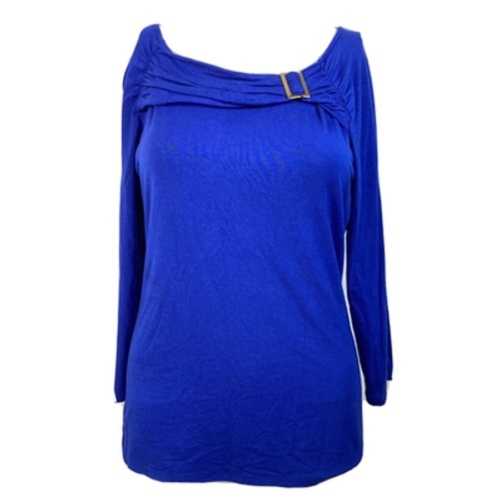 Carmen Marc Valvo Shirt Sz M Blue Knit Buckle Pleated Neck Stretch